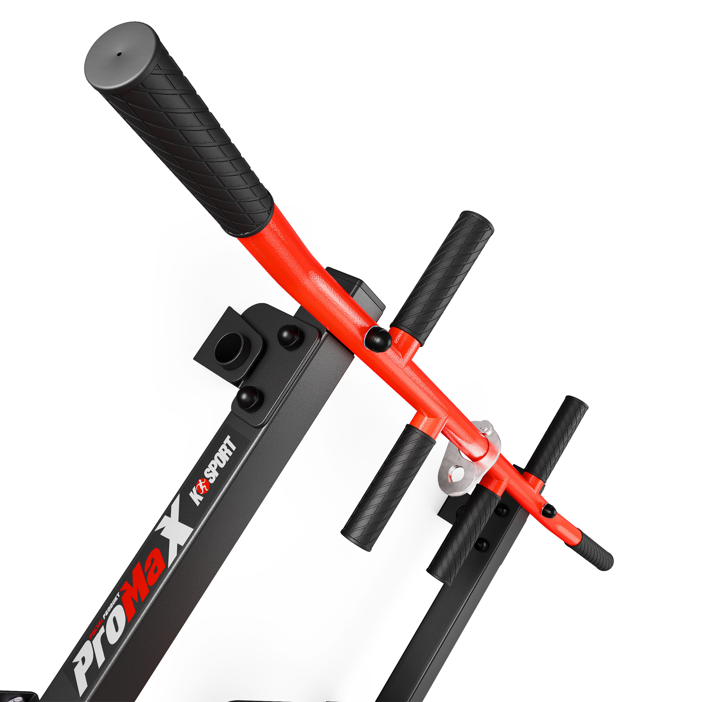 Zijaanzicht van de 2-in-1 wandstation met zwarte handgrepen en rood rugkussen – detail