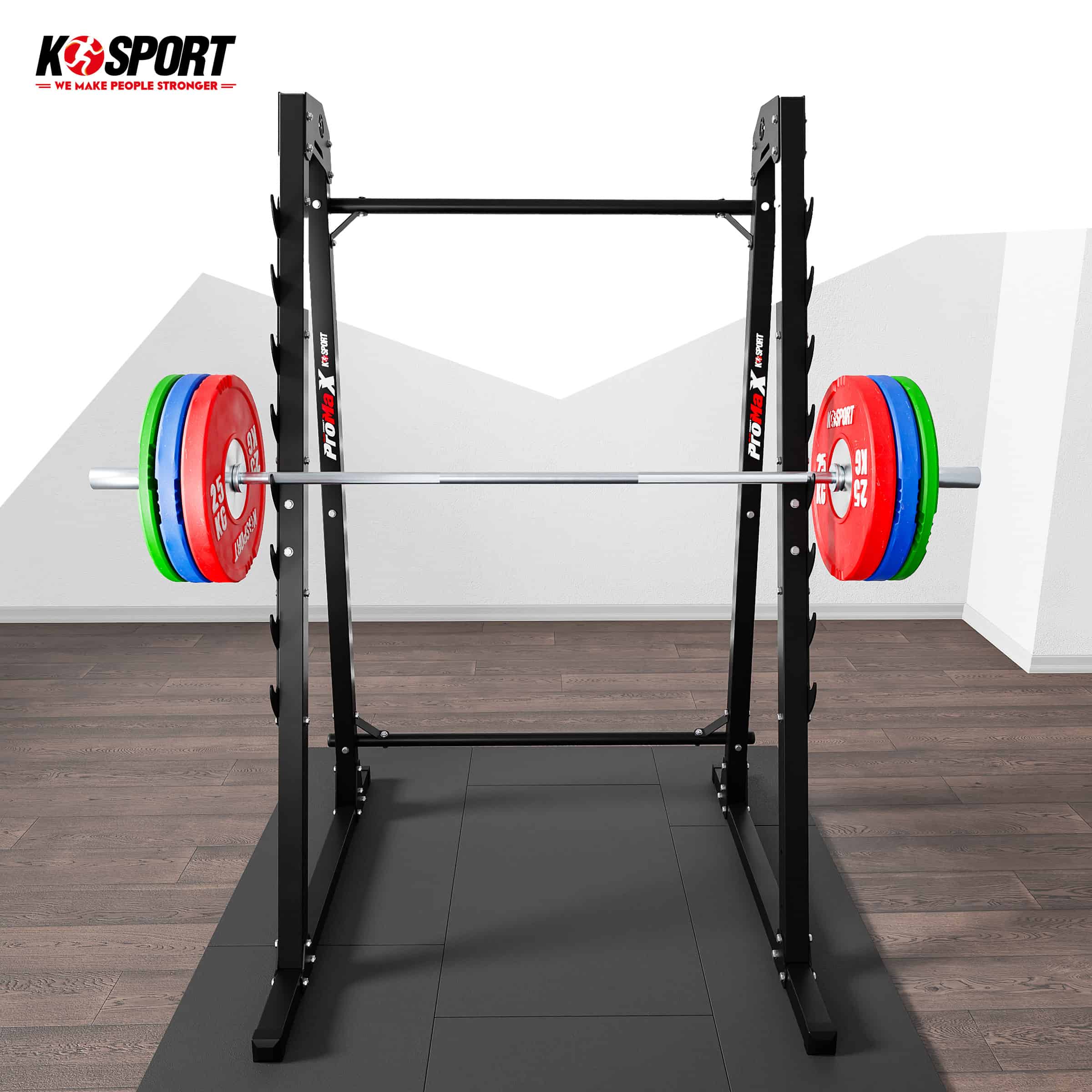 Soporte para barra en sala de fitness con suelo protector y barra de dominadas integrada