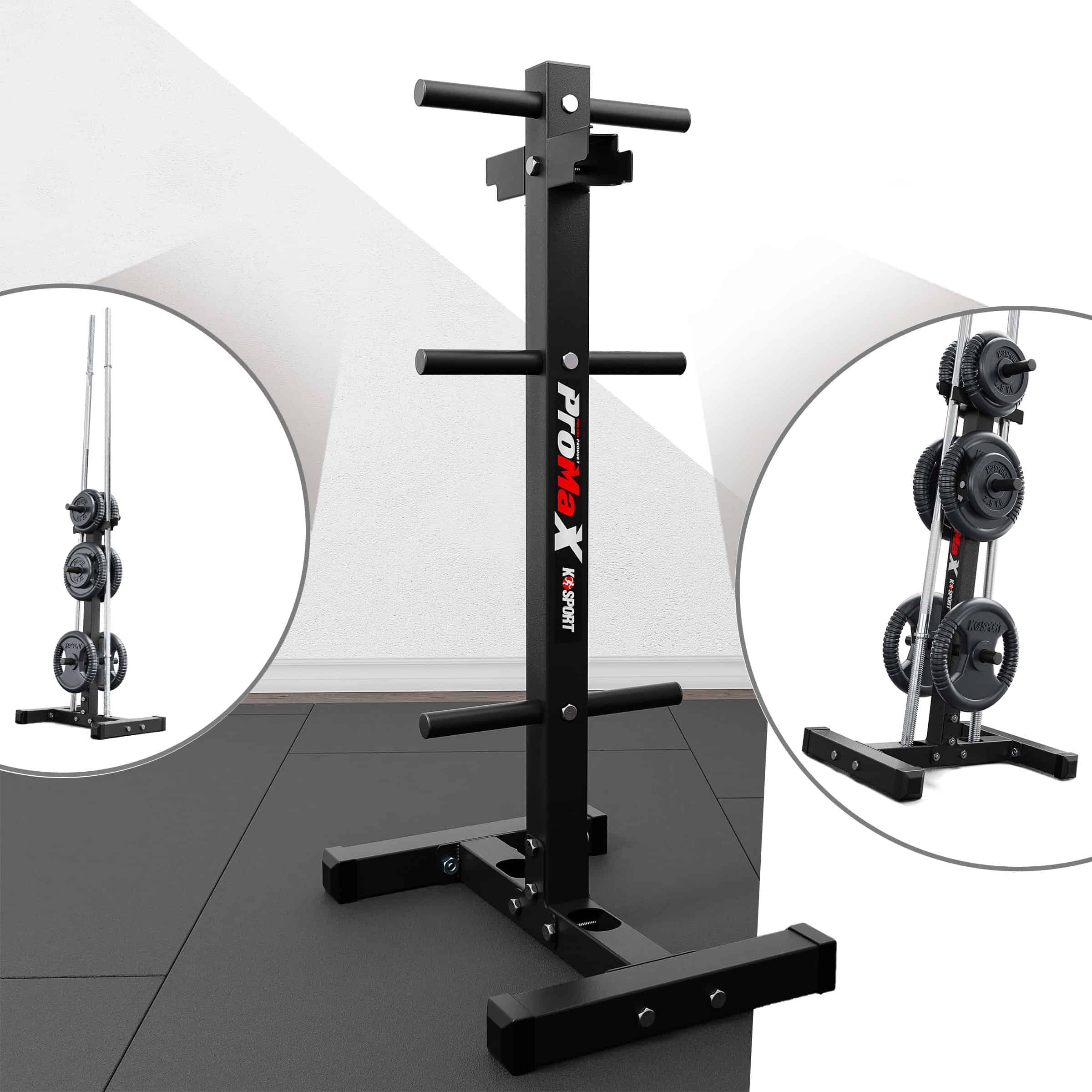 Portadischi in una sala fitness con viste dettagliate delle superfici d’appoggio