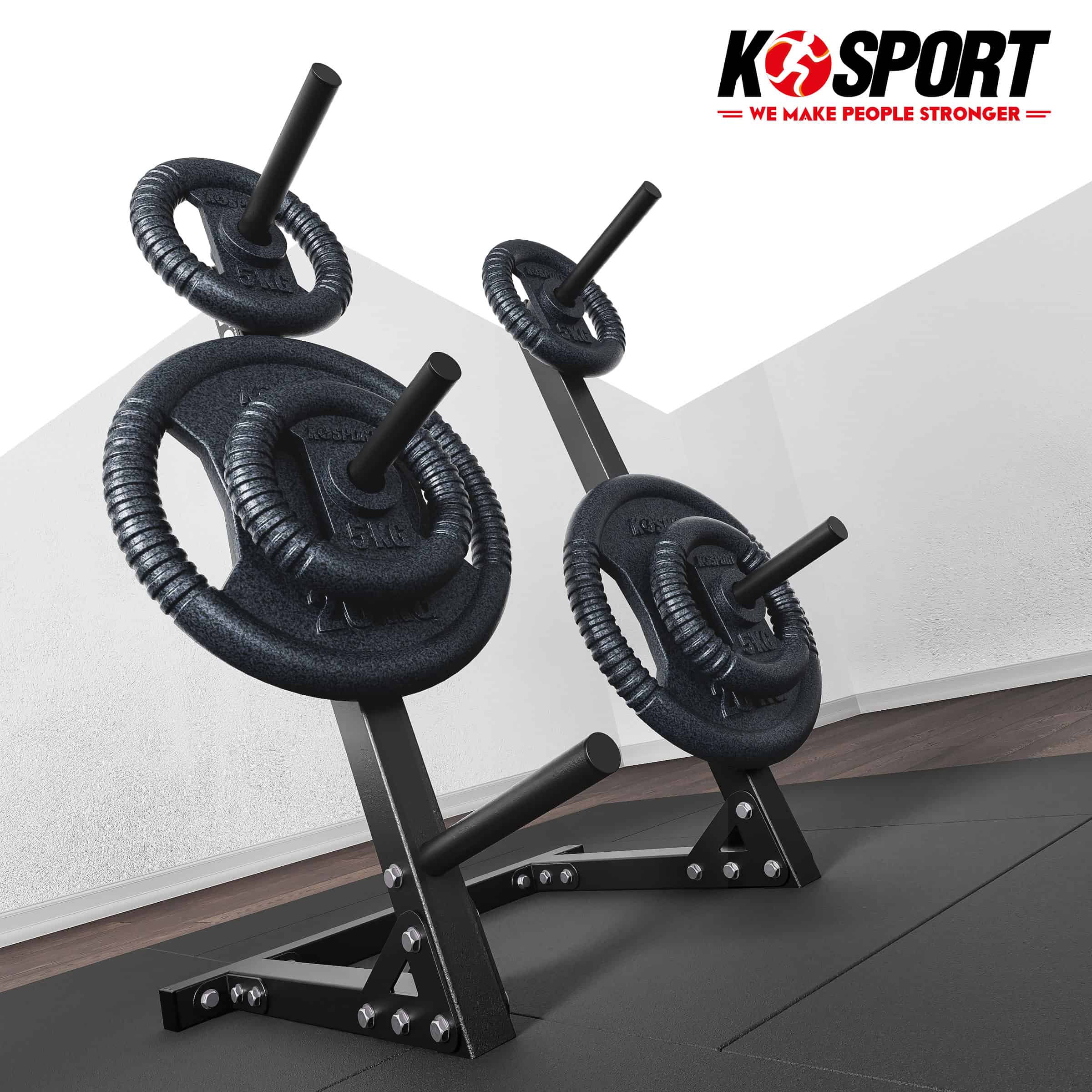 Dos soportes cargados con discos en una sala de fitness