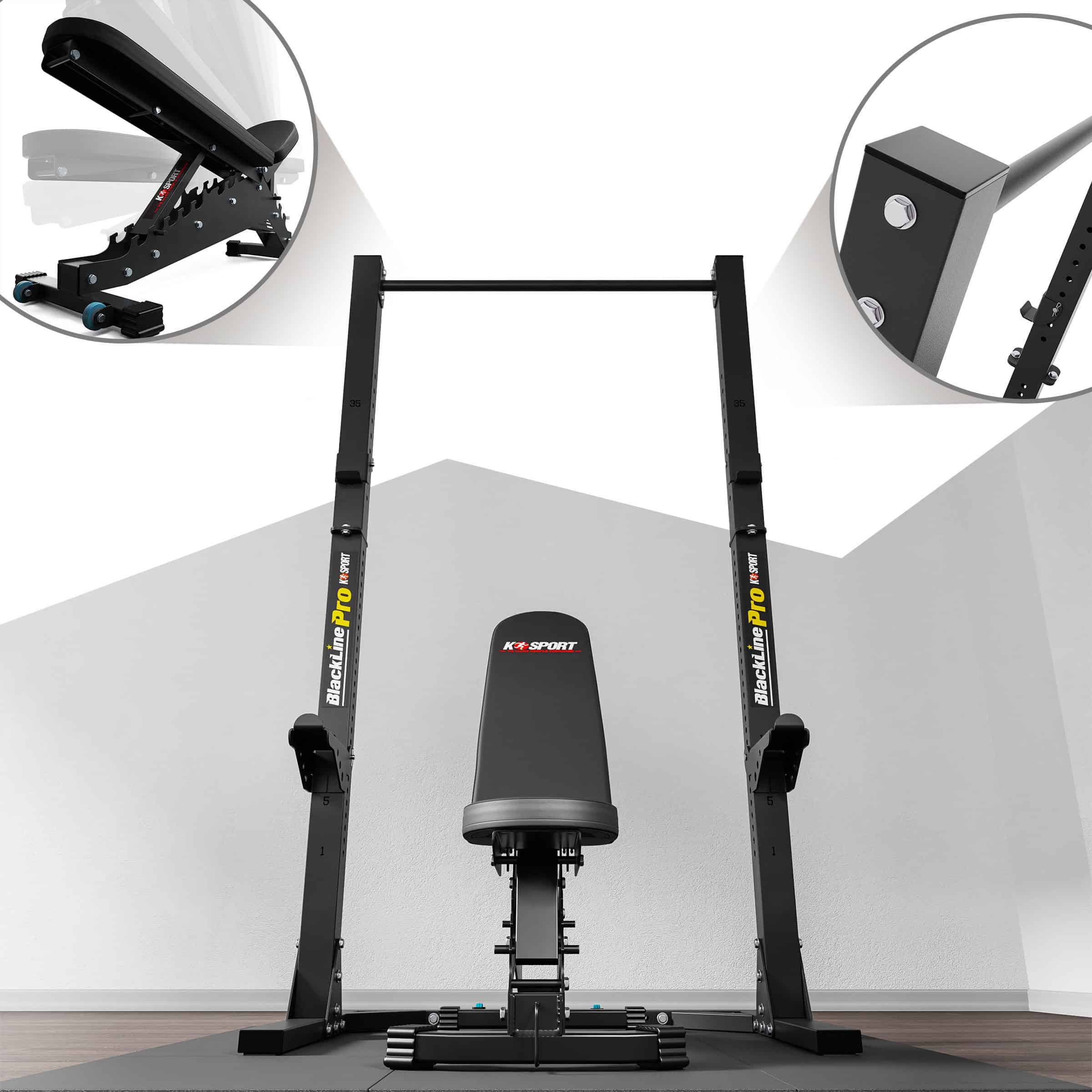 Vooraanzicht van een squat rack met verstelbare trainingsbank en optrekstang in een homegym