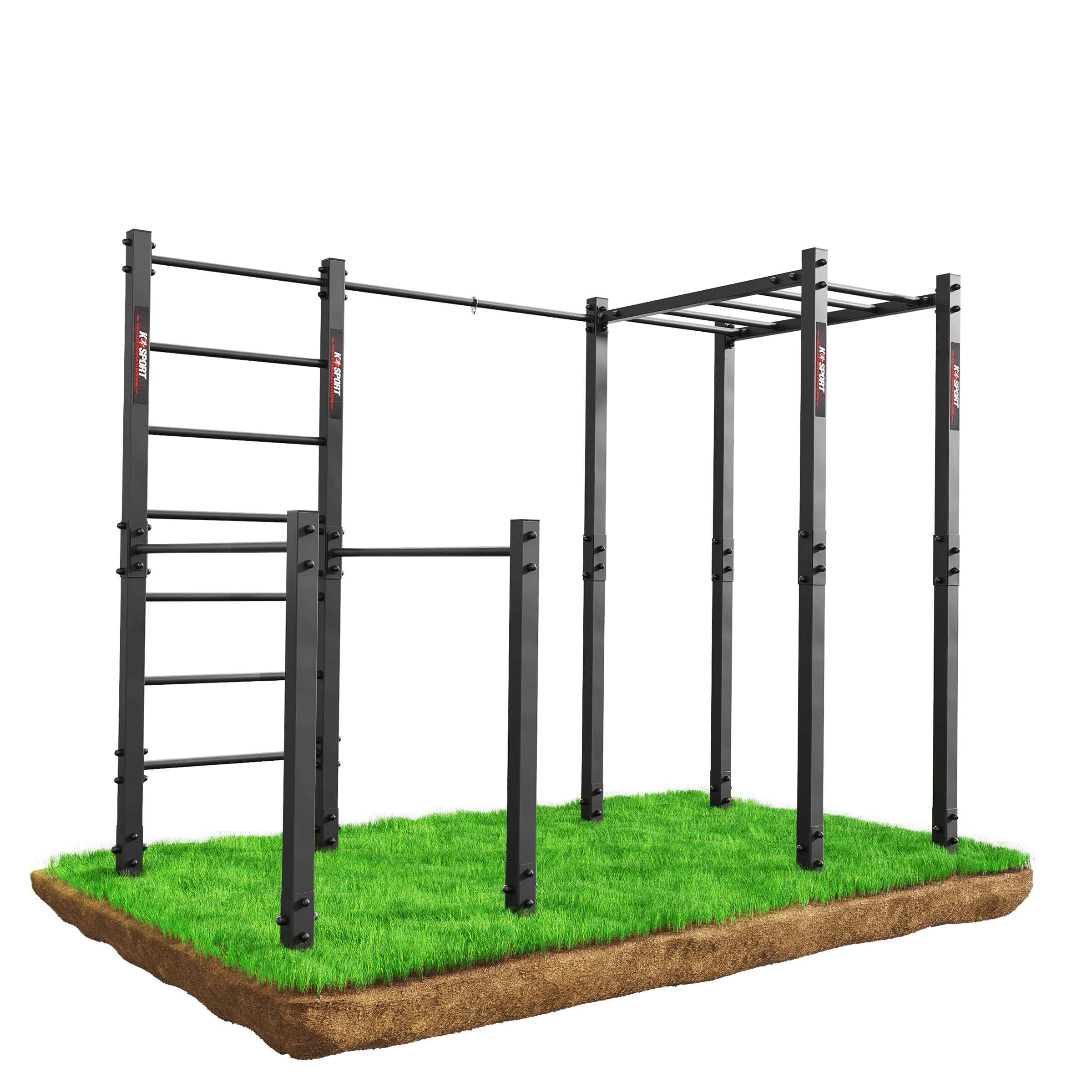 Appareil de calisthénie extérieur en acier avec espalier, barre de traction et monkey bars sur pelouse, structure autoportante