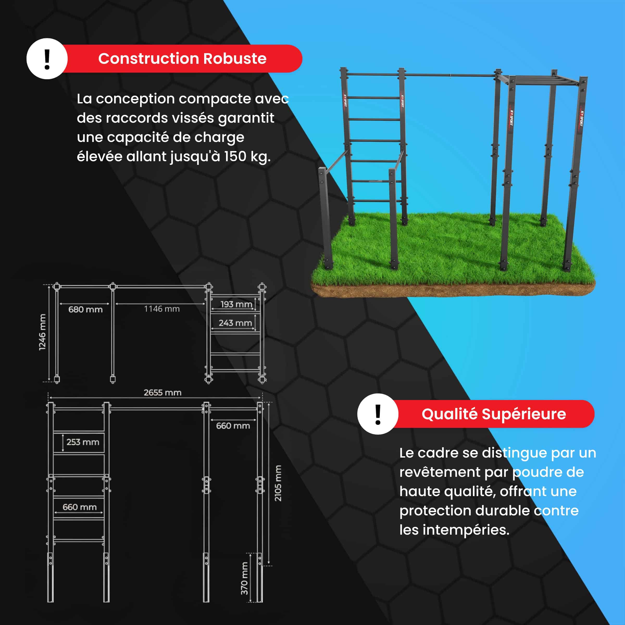 Infographie de l’appareil de calisthénie extérieur avec dimensions, capacité de charge jusqu’à 150 kg et structure robuste en acier