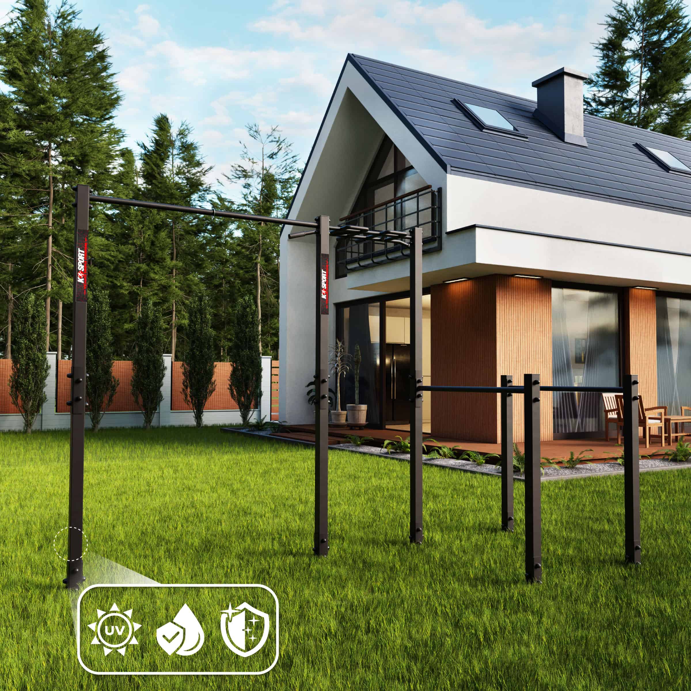 Fitnessapparaat voor de tuin met optrekstang en parallelbars op gazon voor een woning, stabiele metalen constructie