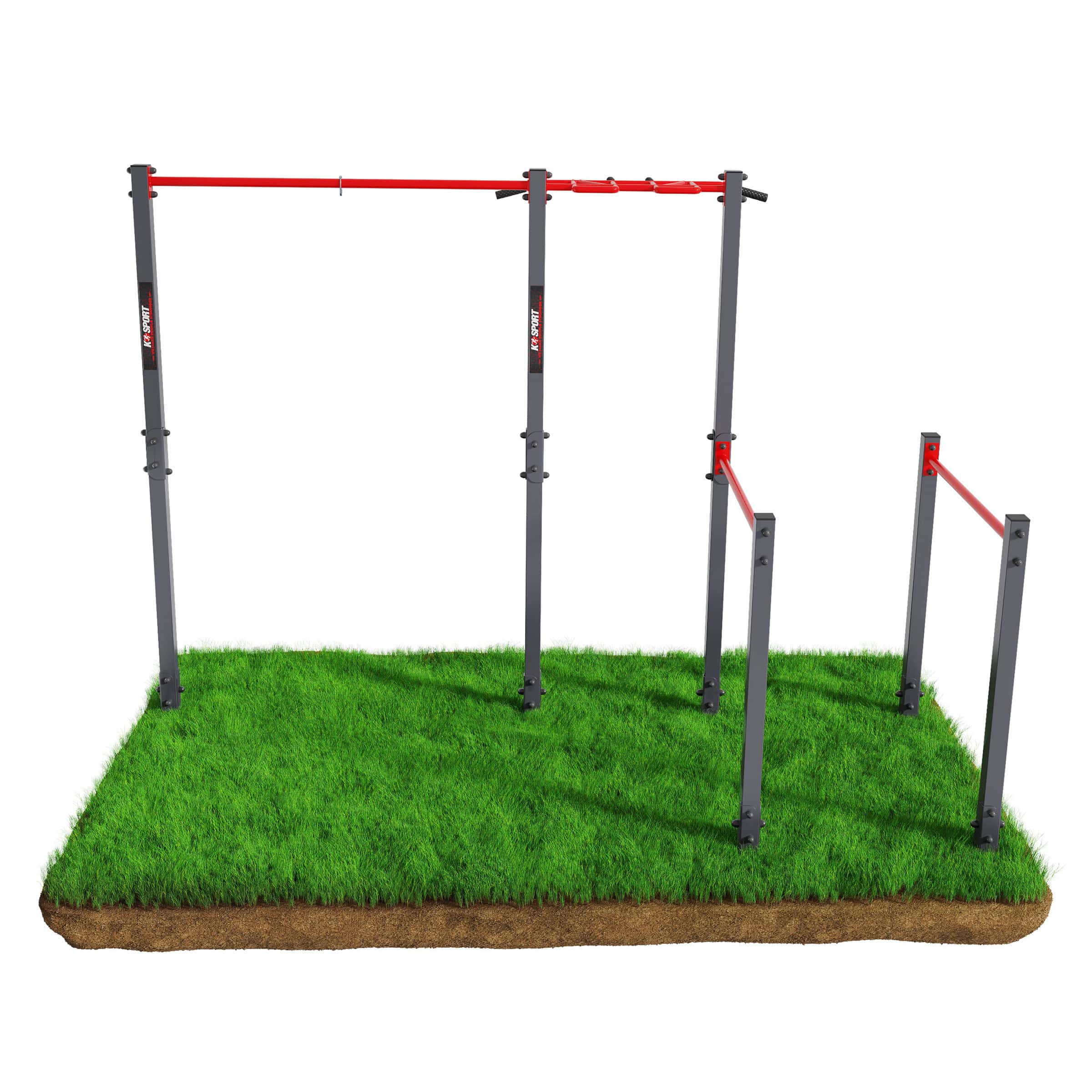 Outdoor fitnesstoestel met verschillende stangen op groen gras – bovenaanzicht