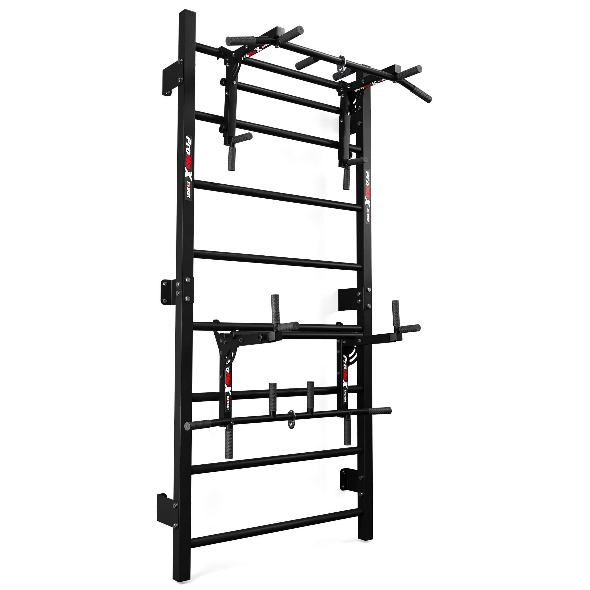 Vista generale della spalliera multifunzione con barra per trazioni/dip station e accessori