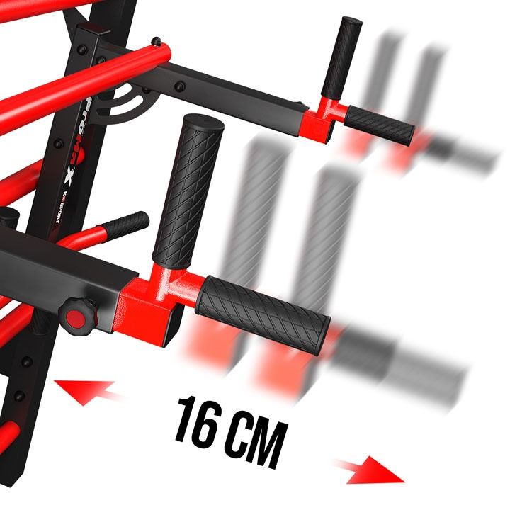 Dip station regolabile con distanza delle maniglie di 16 cm su spalliera in metallo con pioli rossi
