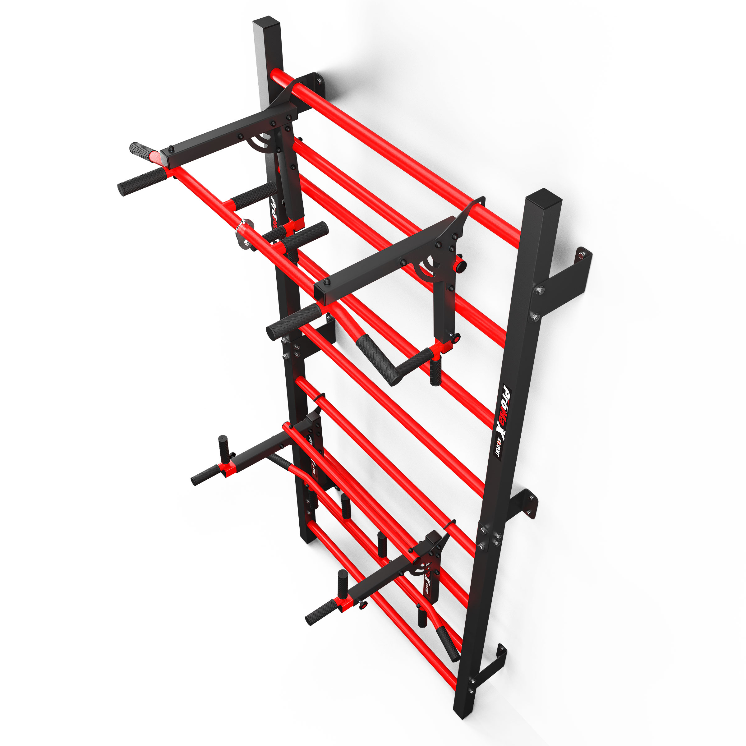 Vista obliqua di una spalliera fitness con dip station e barra per trazioni in nero e rosso da montare a parete