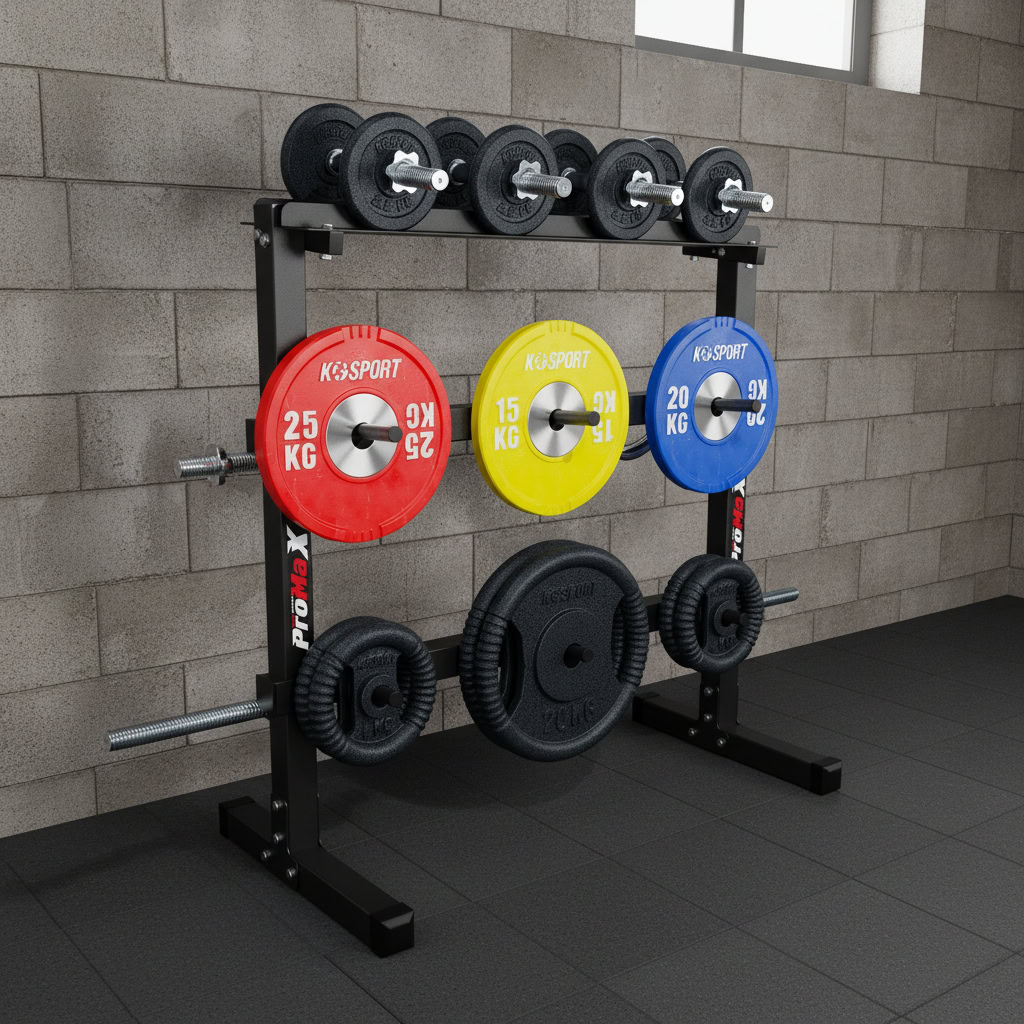 Support avec haltères et disques colorés dans home gym, rangement stable et peu encombrant