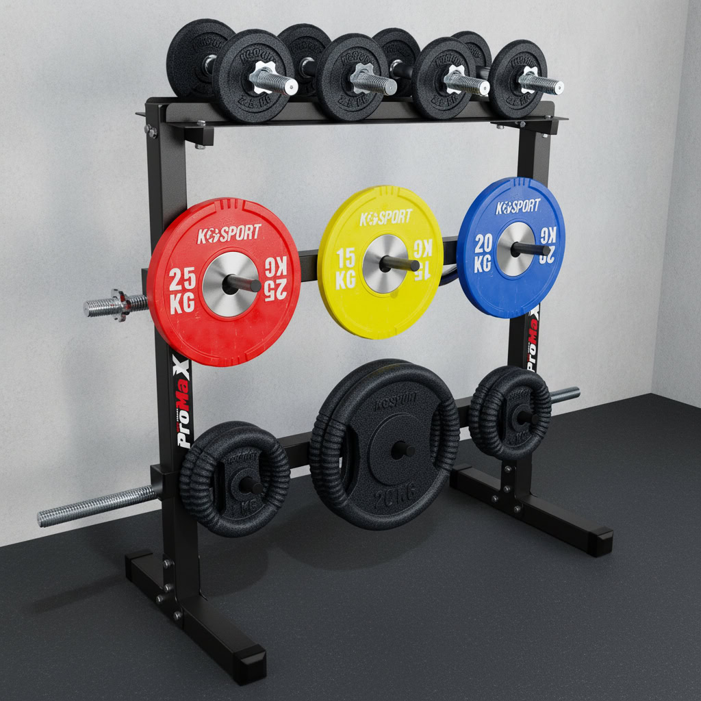 Rack de musculation avec disques colorés et haltères, solution compacte pour salle à domicile