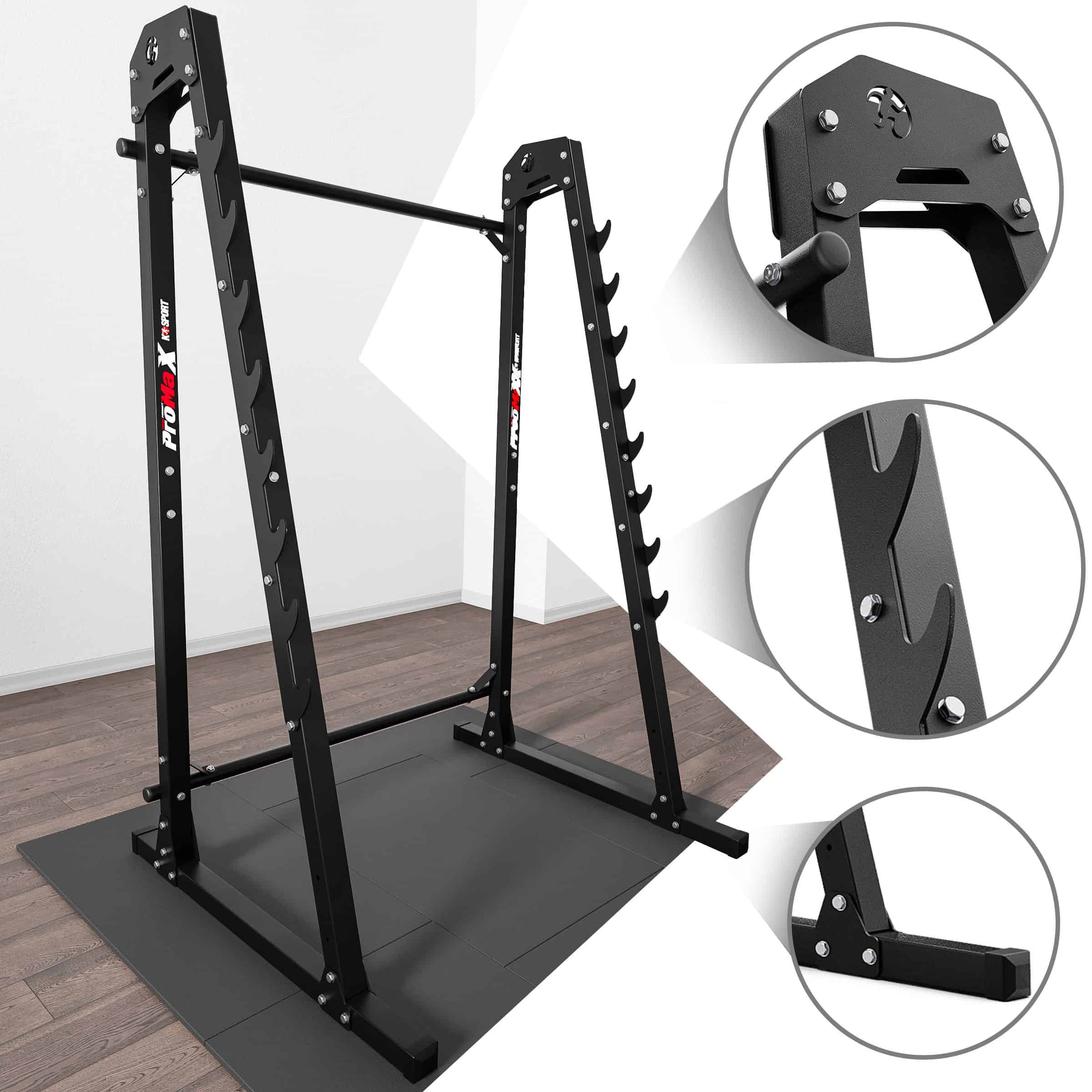 Dettaglio dei supporti bilanciere, bulloneria e piedini di stabilità di uno squat rack di alta qualità
