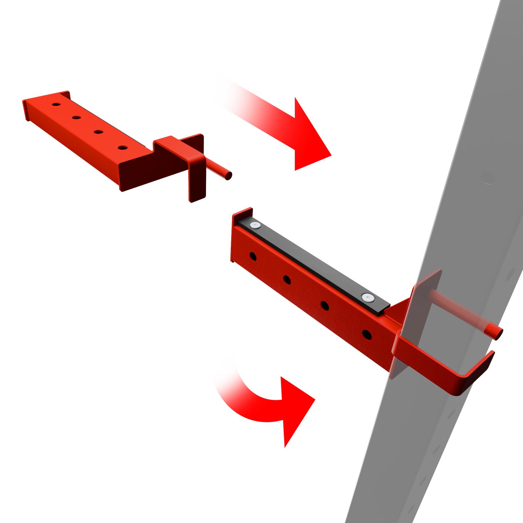 Illustration du montage facile des supports pour barre sur Power Rack avec flèches rouges