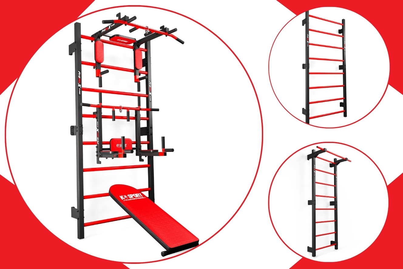 Espaldera K-Sport con estación de fondos, barra de dominadas y banco de pesas – equipo de entrenamiento versátil para fuerza y movilidad en el home gym