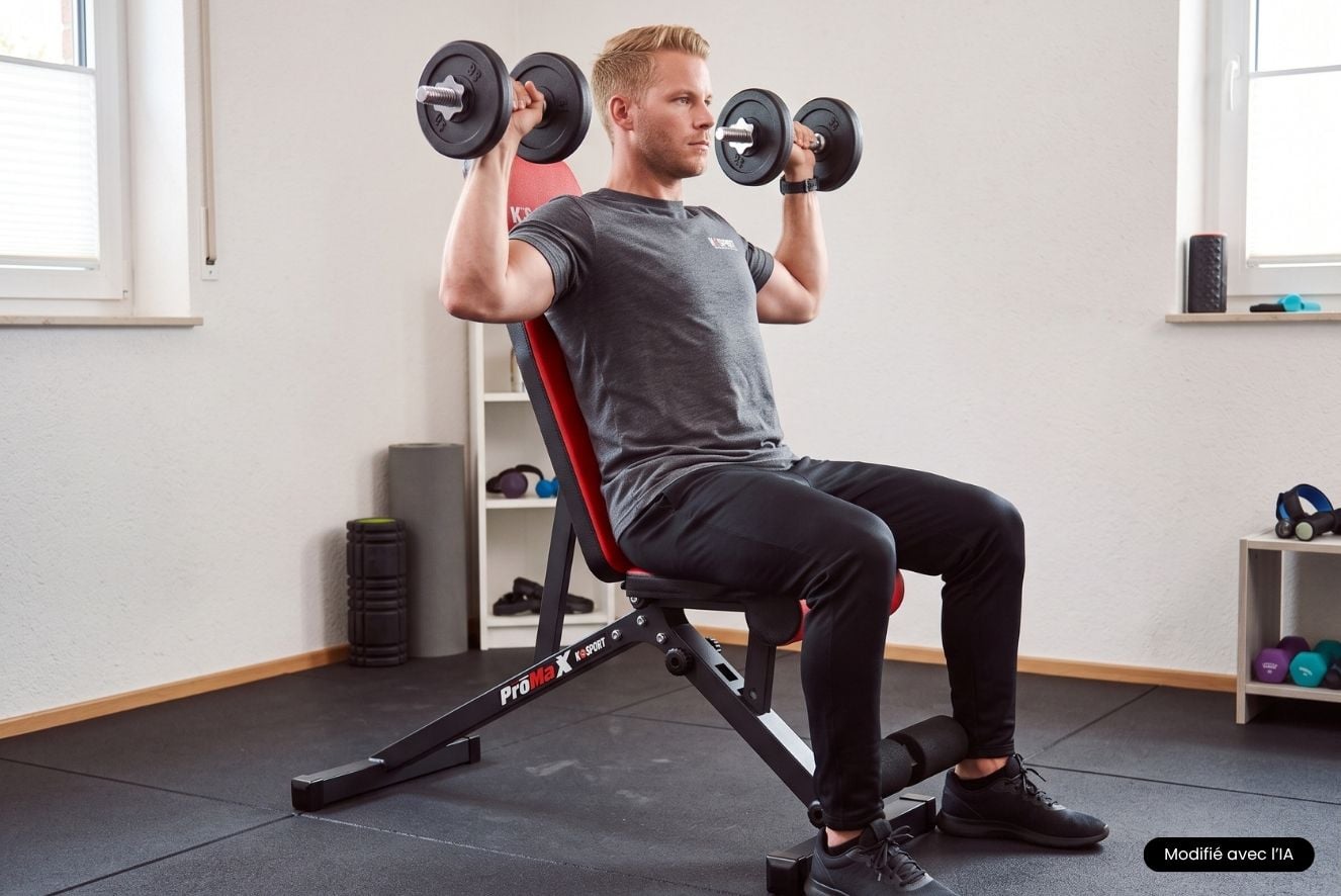 Athlète effectuant un développé épaules assis avec des haltères sur un banc K-Sport dans une salle de sport à domicile