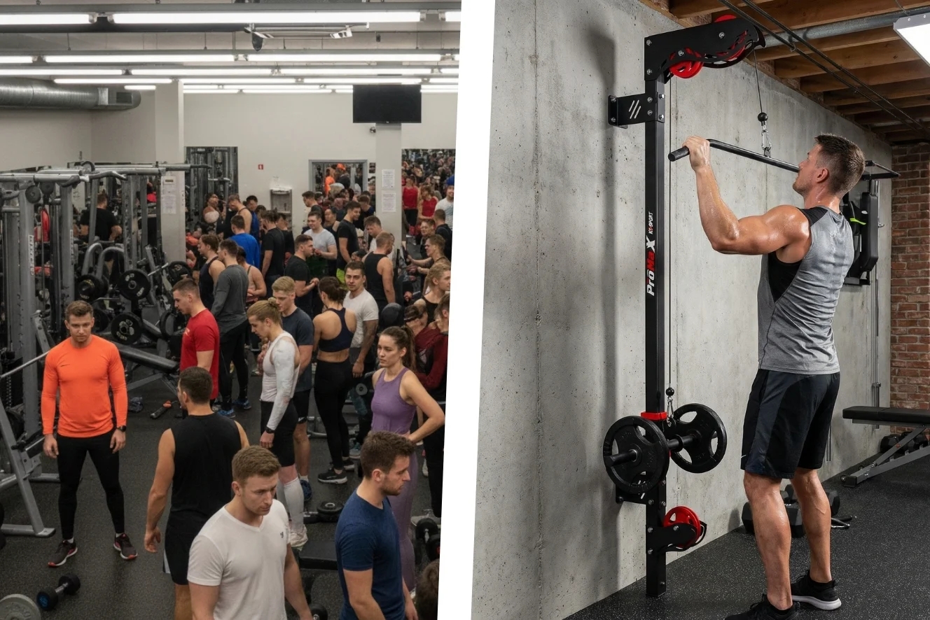 Gimnasio abarrotado en enero en comparación con un entrenamiento tranquilo en casa