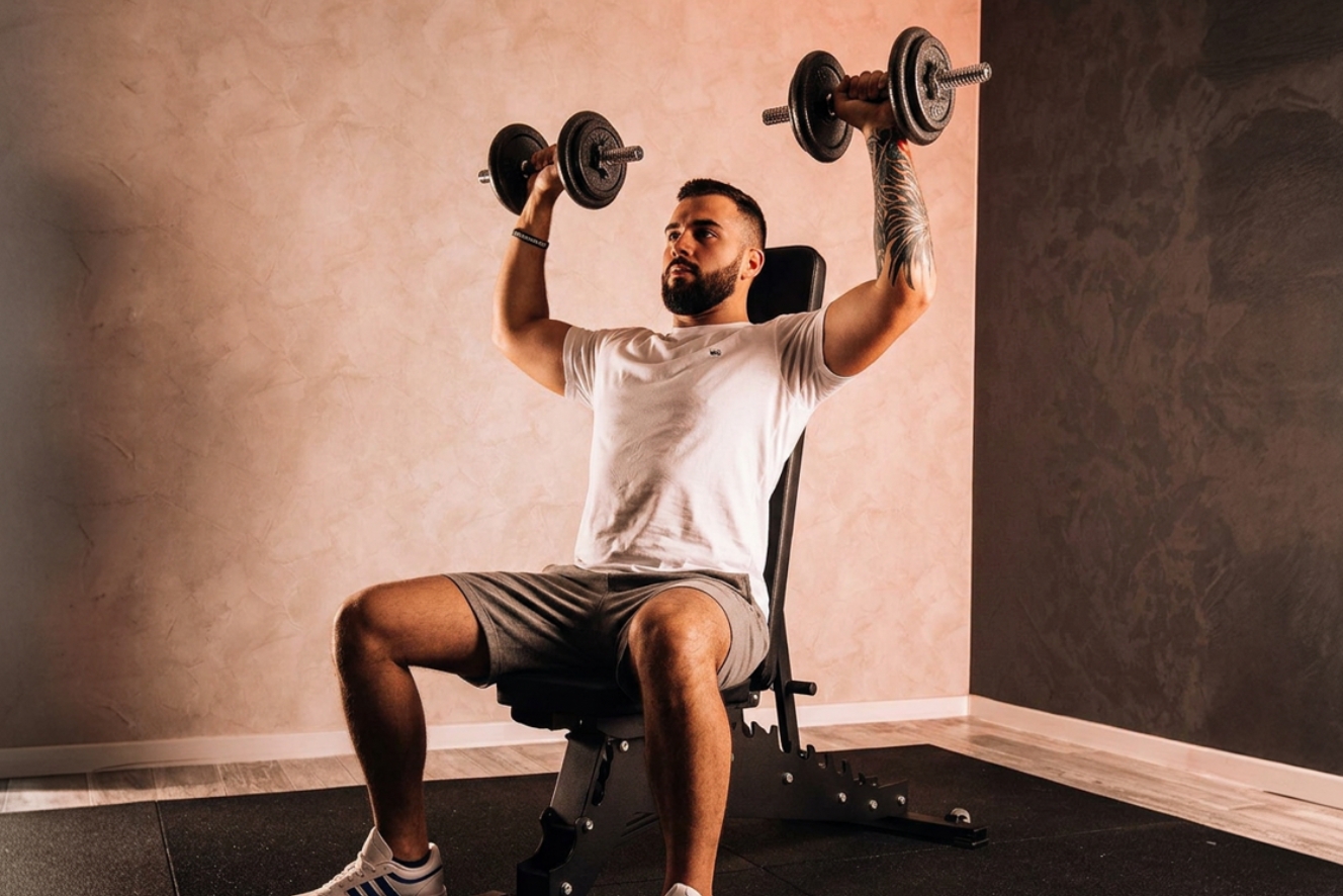 Hombre realiza press de hombros con mancuernas en un banco ajustable para conseguir hombros anchos.