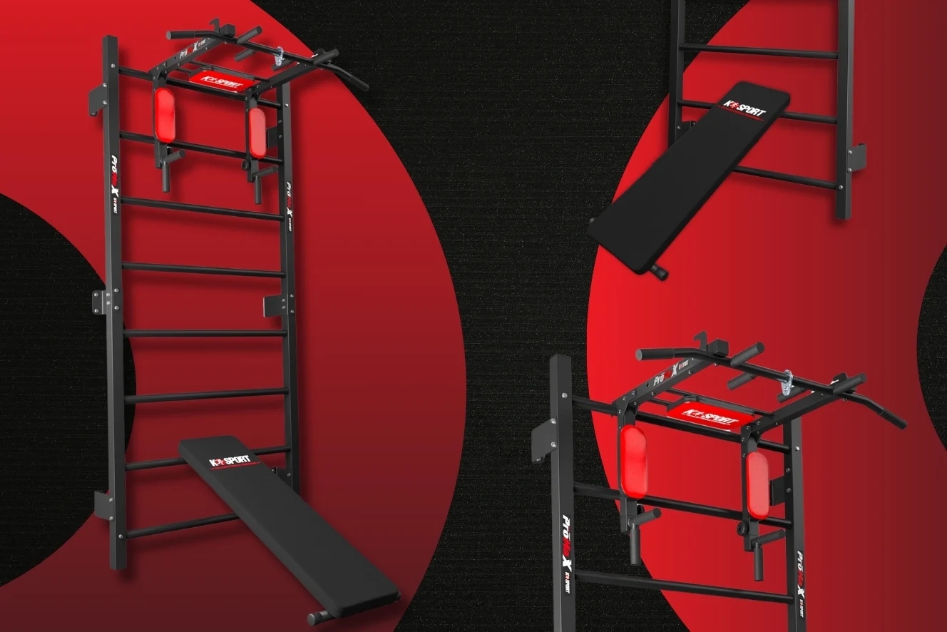 Spalliera multifunzionale con stazione per trazioni, maniglie per dip e panca regolabile come home gym salvaspazio per montaggio a parete